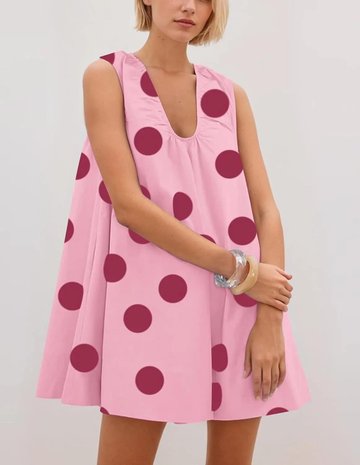 MISSACTIVER Women's Polka Dot Babydoll Mini Dress Scoop Neck Ruched Sleeveless Short Dress with Pocket Elegant Blouse Dresses