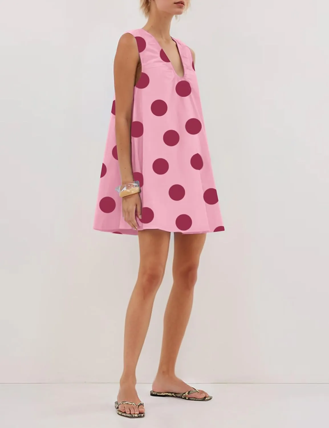 MISSACTIVER Women's Polka Dot Babydoll Mini Dress Scoop Neck Ruched Sleeveless Short Dress with Pocket Elegant Blouse Dresses