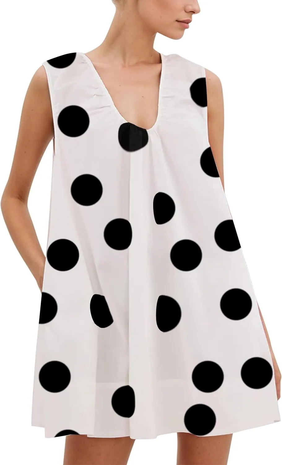 MISSACTIVER Women's Polka Dot Babydoll Mini Dress Scoop Neck Ruched Sleeveless Short Dress with Pocket Elegant Blouse Dresses