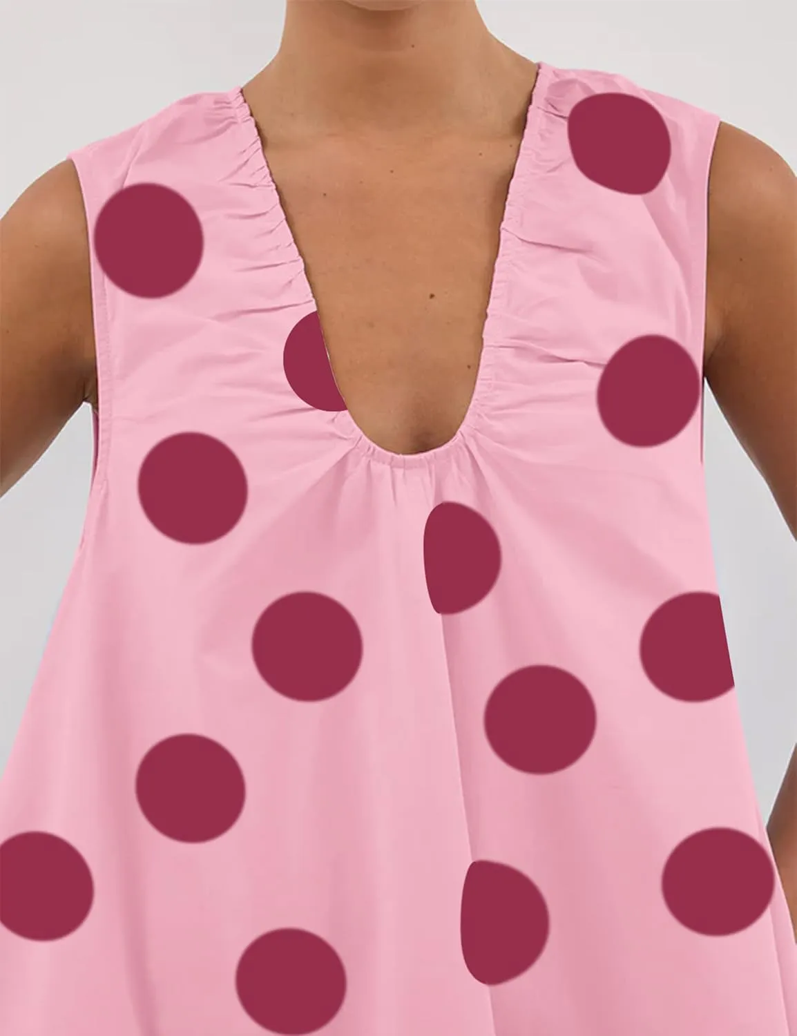 MISSACTIVER Women's Polka Dot Babydoll Mini Dress Scoop Neck Ruched Sleeveless Short Dress with Pocket Elegant Blouse Dresses