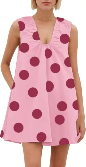 MISSACTIVER Women's Polka Dot Babydoll Mini Dress Scoop Neck Ruched Sleeveless Short Dress with Pocket Elegant Blouse Dresses
