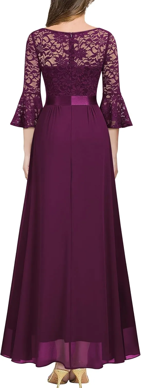 MISSMAY Women's Elegant V-Neck Floral Lace Bell Sleeve Wedding Party Maxi Dress
