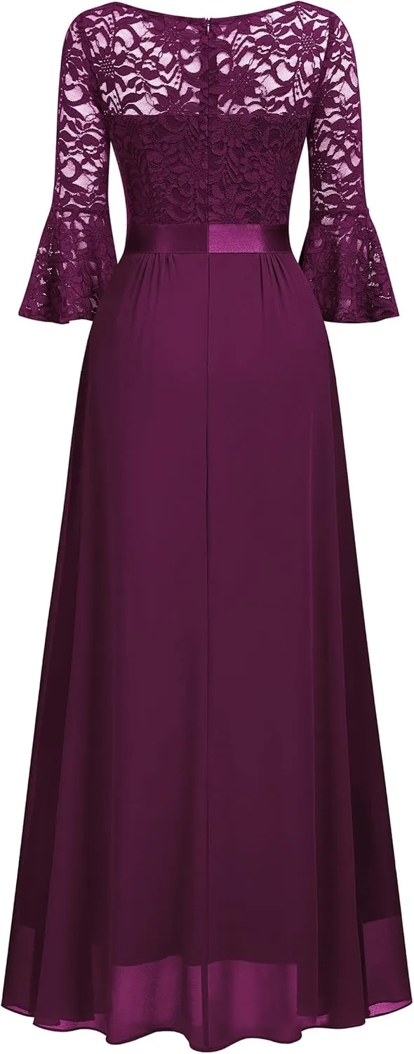 MISSMAY Women's Elegant V-Neck Floral Lace Bell Sleeve Wedding Party Maxi Dress