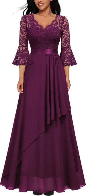MISSMAY Women's Elegant V-Neck Floral Lace Bell Sleeve Wedding Party Maxi Dress