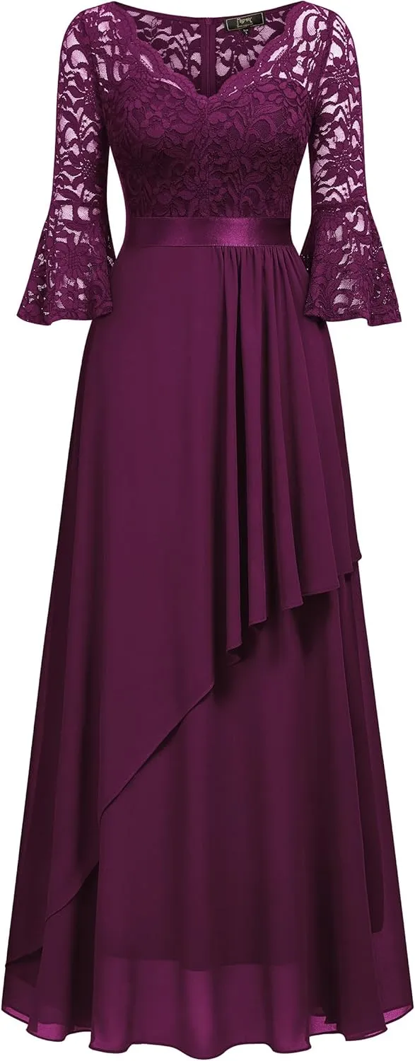 MISSMAY Women's Elegant V-Neck Floral Lace Bell Sleeve Wedding Party Maxi Dress