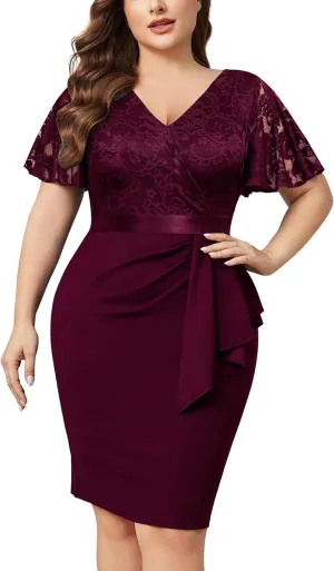 Miusol Women's Plus Size Lace Chiffon V Neck Wedding Guest Elegant Butterfly Sleeves Cocktail Dress