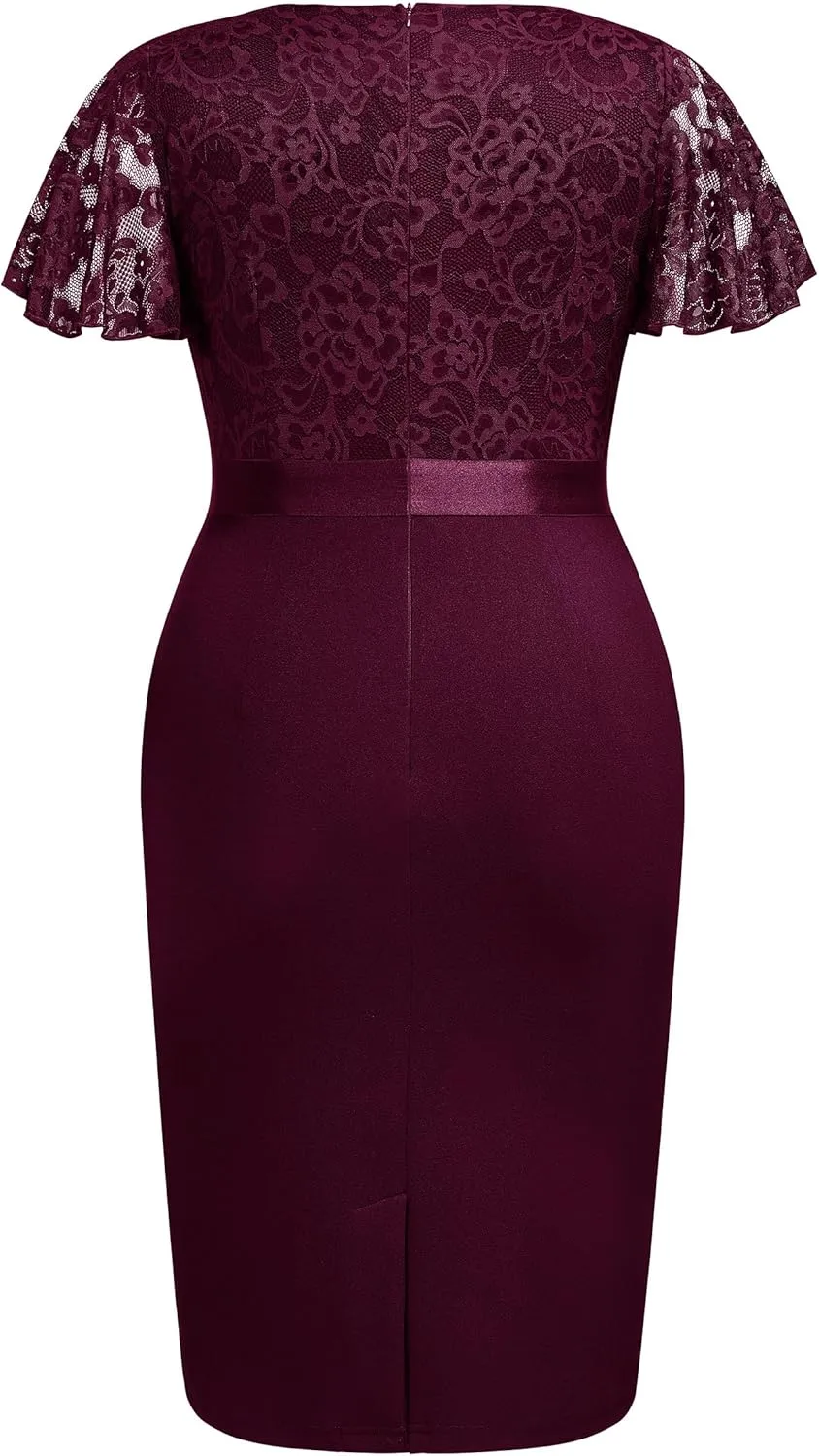 Miusol Women's Plus Size Lace Chiffon V Neck Wedding Guest Elegant Butterfly Sleeves Cocktail Dress