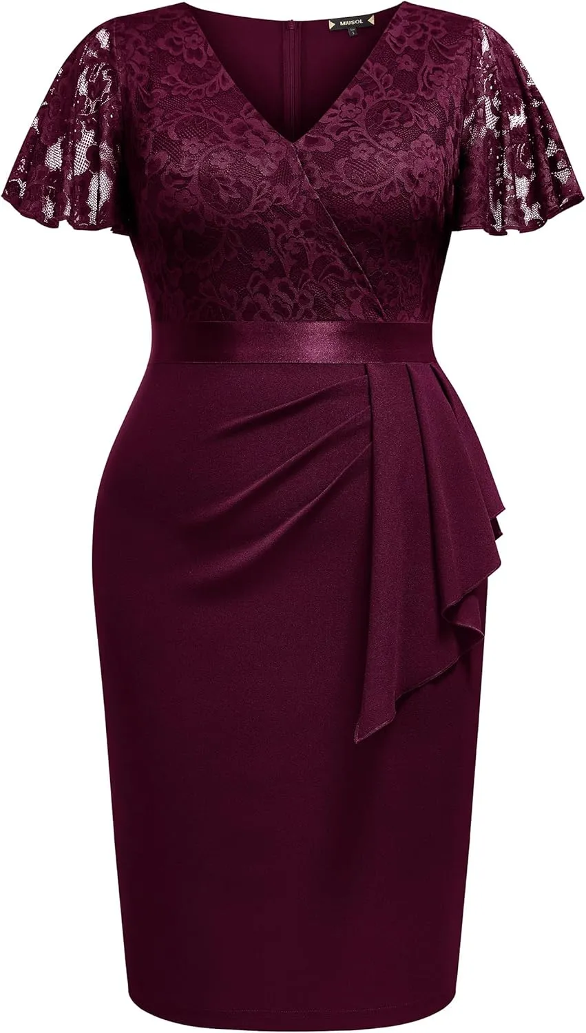 Miusol Women's Plus Size Lace Chiffon V Neck Wedding Guest Elegant Butterfly Sleeves Cocktail Dress