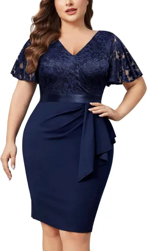 Miusol Women's Plus Size Lace Chiffon V Neck Wedding Guest Elegant Butterfly Sleeves Cocktail Dress