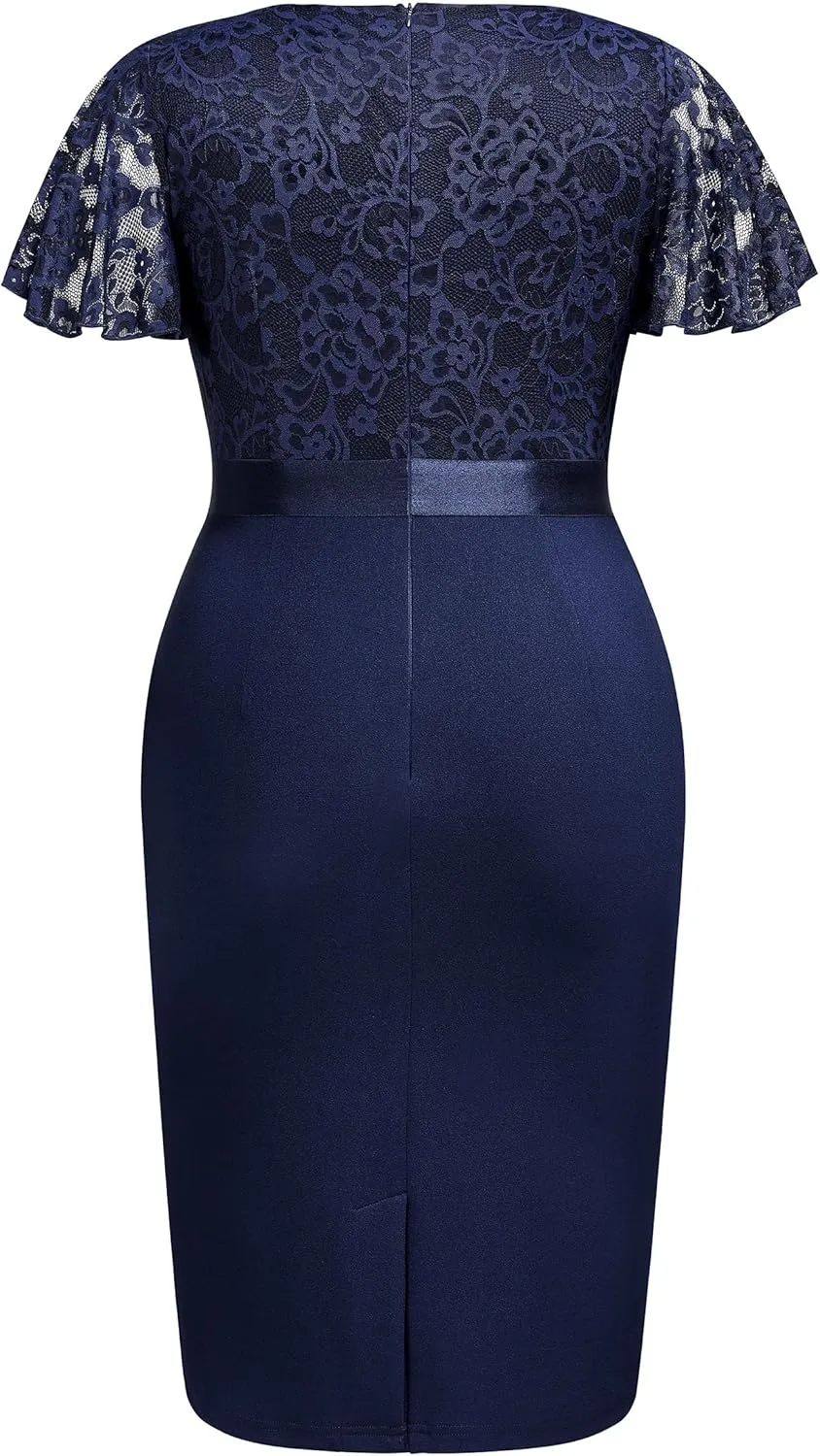 Miusol Women's Plus Size Lace Chiffon V Neck Wedding Guest Elegant Butterfly Sleeves Cocktail Dress