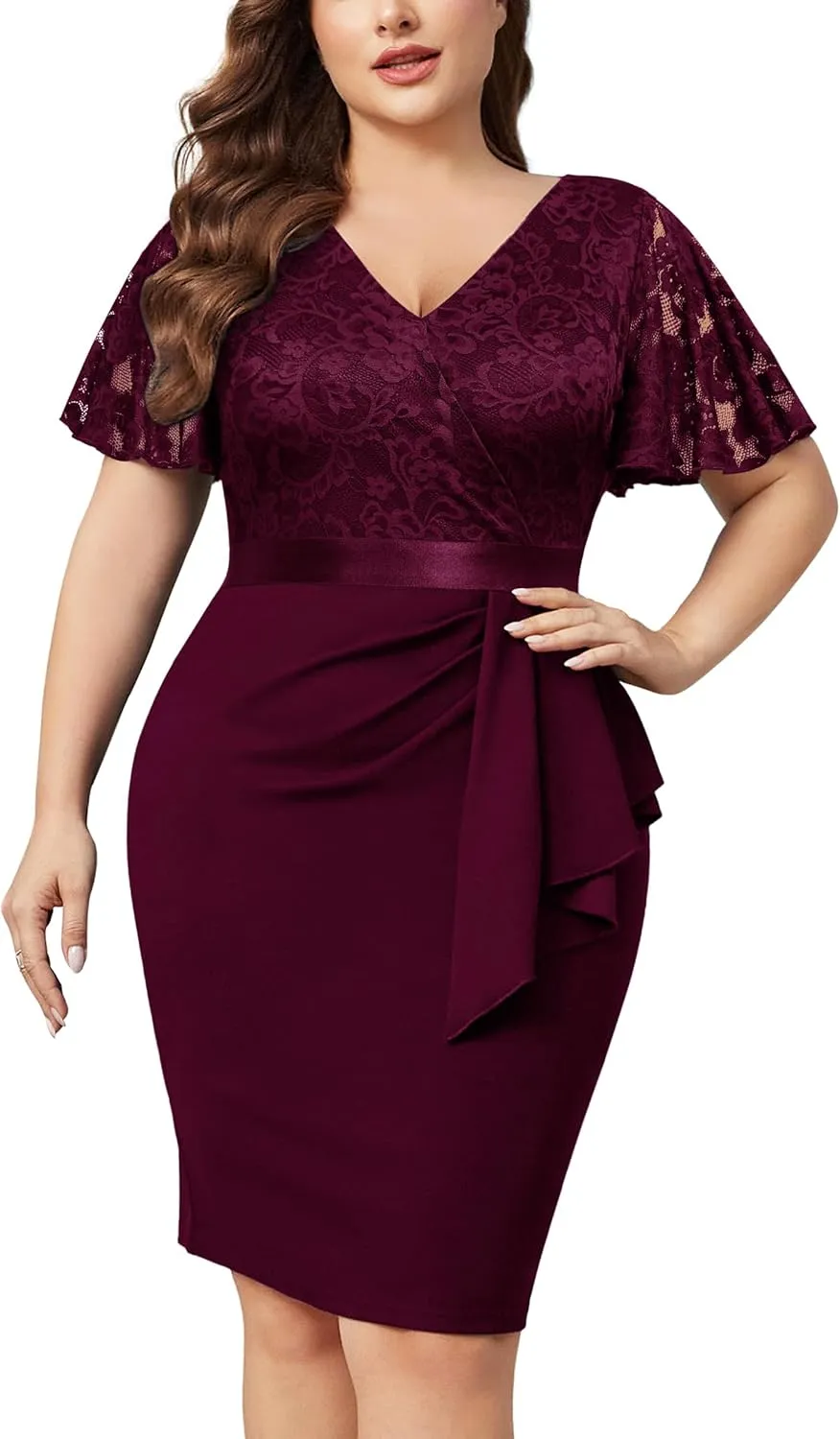 Miusol Women's Plus Size Lace Chiffon V Neck Wedding Guest Elegant Butterfly Sleeves Cocktail Dress