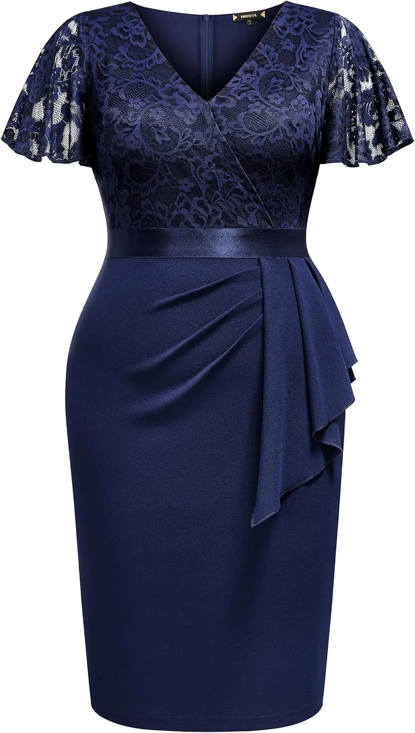 Miusol Women's Plus Size Lace Chiffon V Neck Wedding Guest Elegant Butterfly Sleeves Cocktail Dress