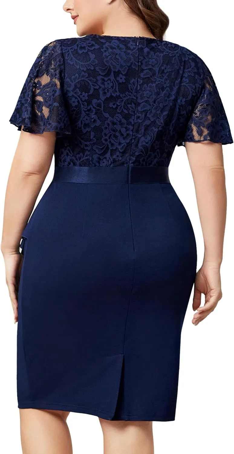 Miusol Women's Plus Size Lace Chiffon V Neck Wedding Guest Elegant Butterfly Sleeves Cocktail Dress