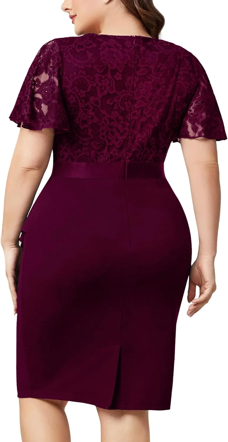 Miusol Women's Plus Size Lace Chiffon V Neck Wedding Guest Elegant Butterfly Sleeves Cocktail Dress