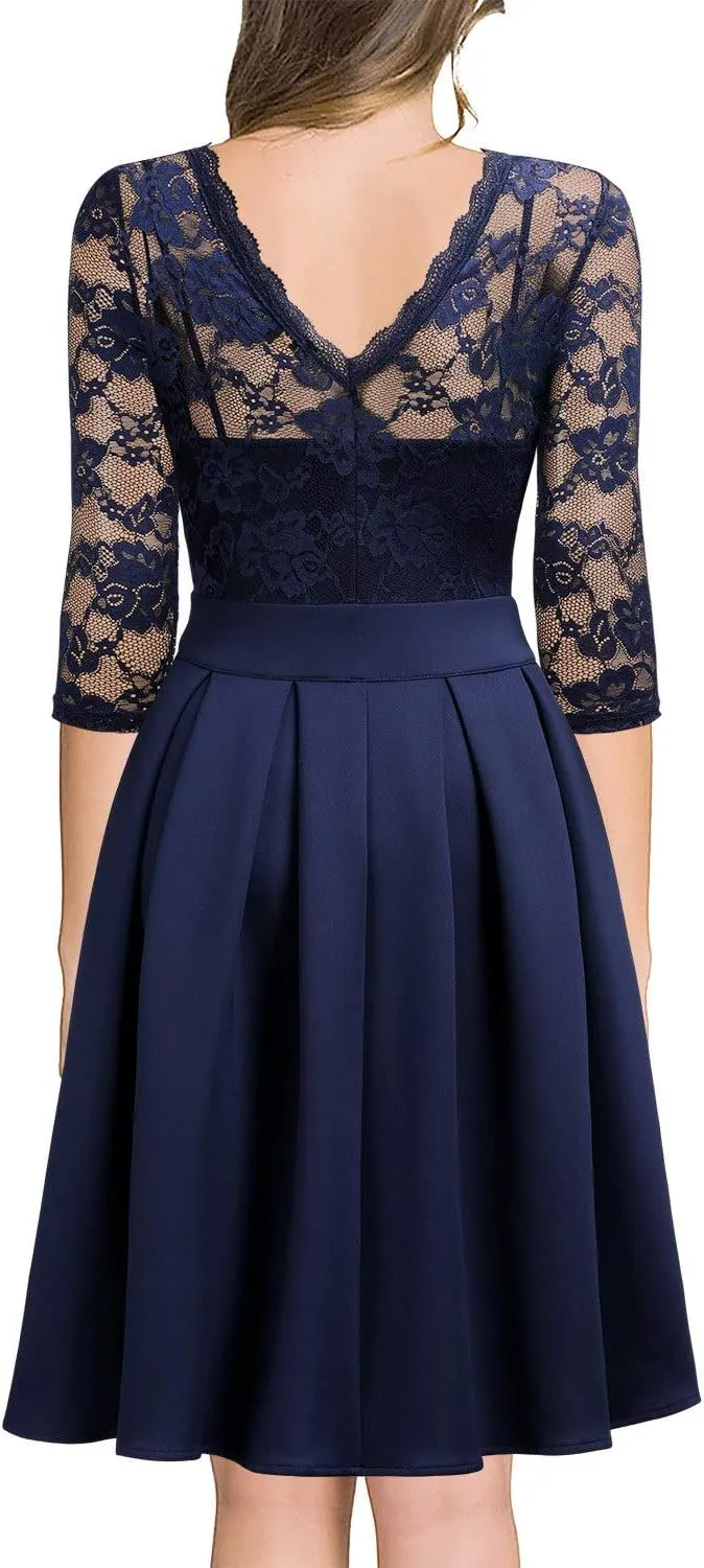 Miusol Women's Vintage Floral Lace 2/3 Sleeve Bridesmaid Cocktail Party Dress