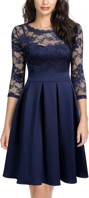 Miusol Women's Vintage Floral Lace 2/3 Sleeve Bridesmaid Cocktail Party Dress