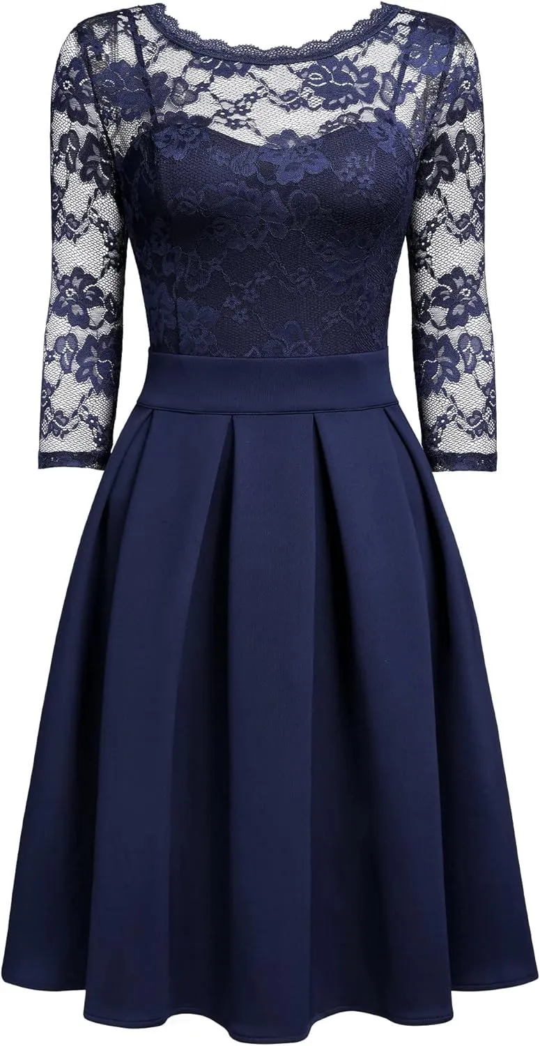 Miusol Women's Vintage Floral Lace 2/3 Sleeve Bridesmaid Cocktail Party Dress