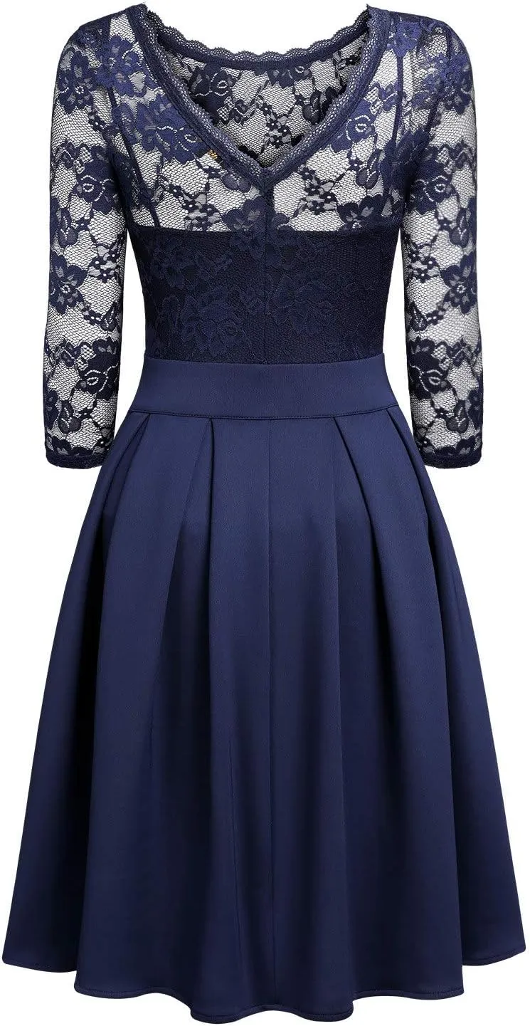 Miusol Women's Vintage Floral Lace 2/3 Sleeve Bridesmaid Cocktail Party Dress