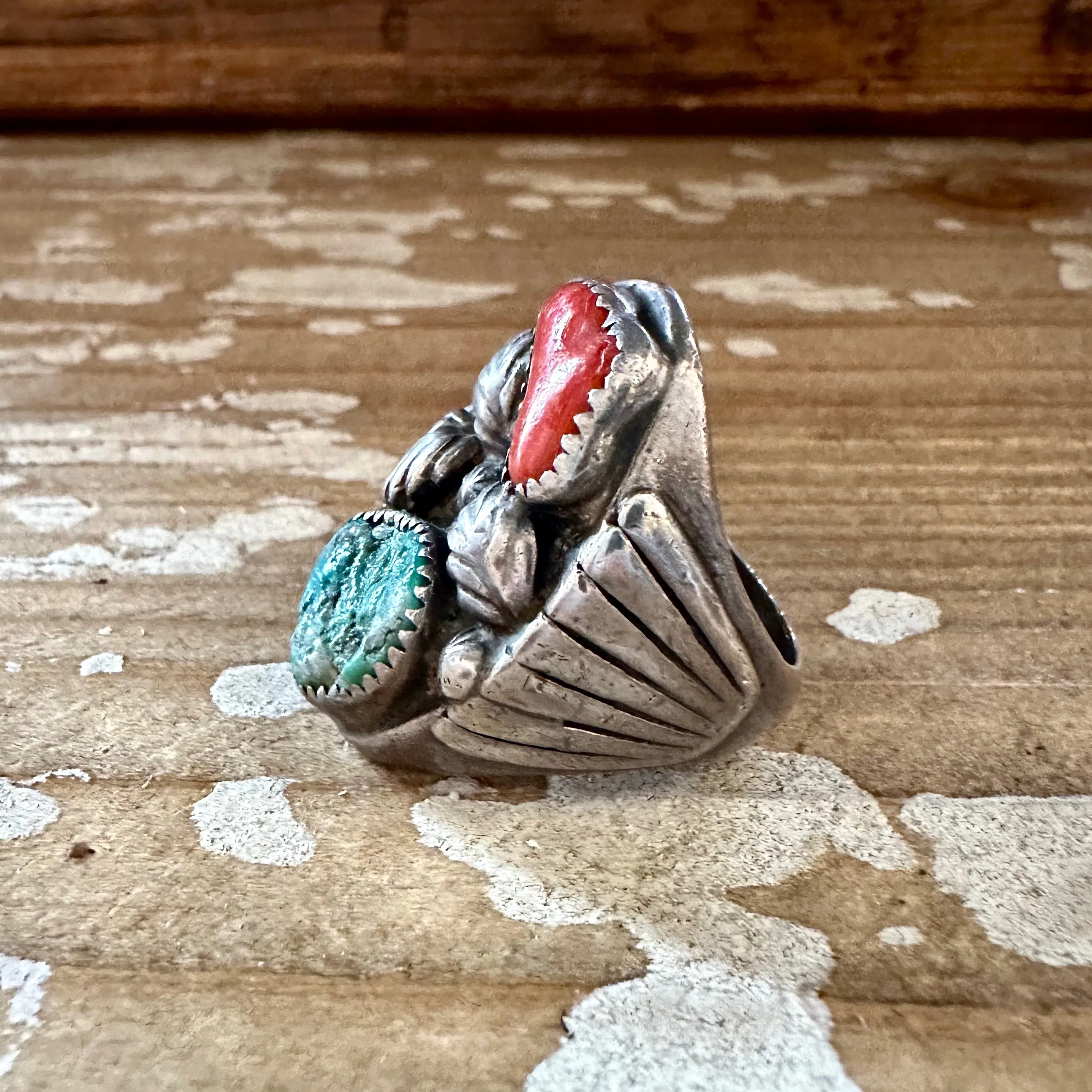 NEVER LEAVES Vintage Handmade Men's Ring Sterling Silver, Turquoise, Coral • Size 10