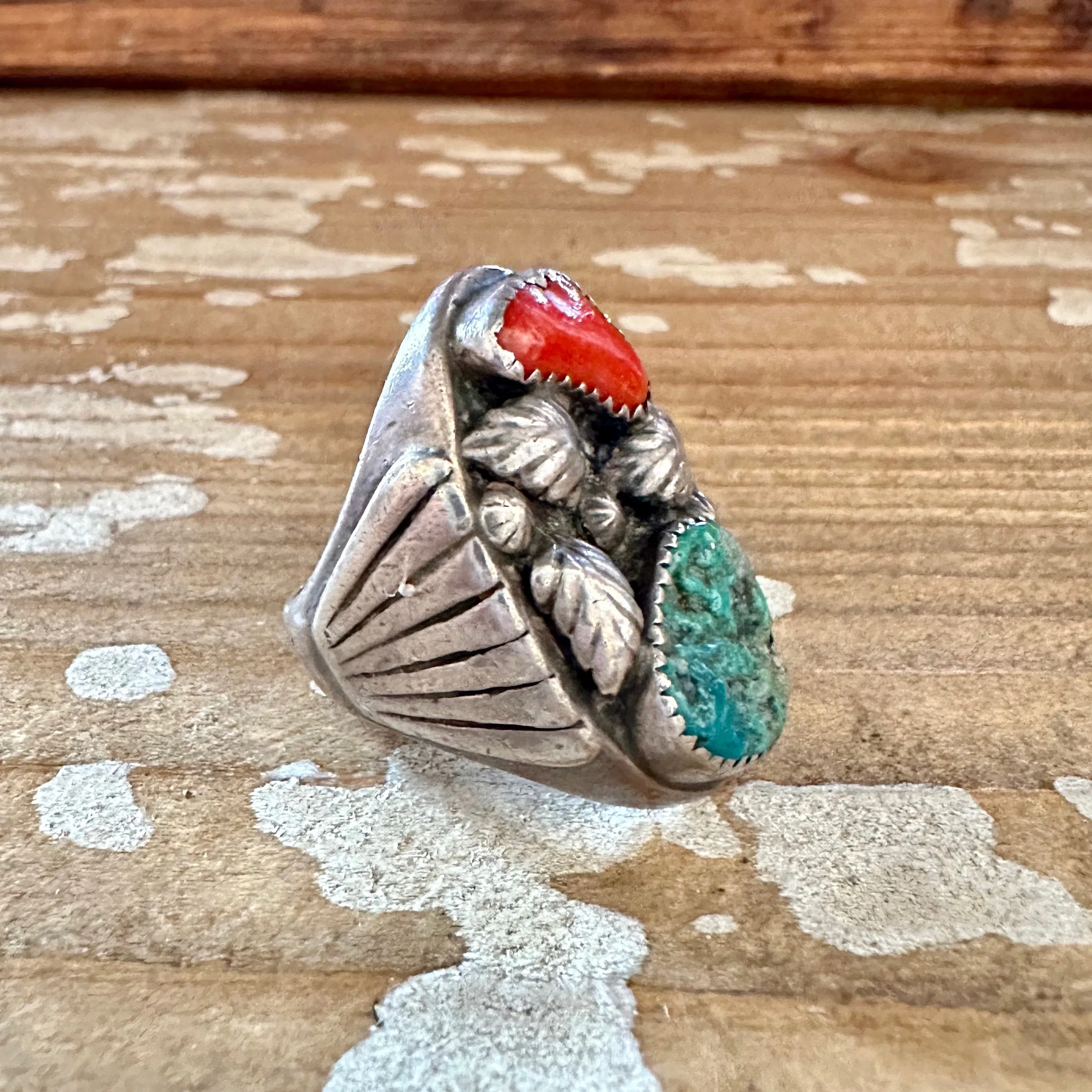 NEVER LEAVES Vintage Handmade Men's Ring Sterling Silver, Turquoise, Coral • Size 10