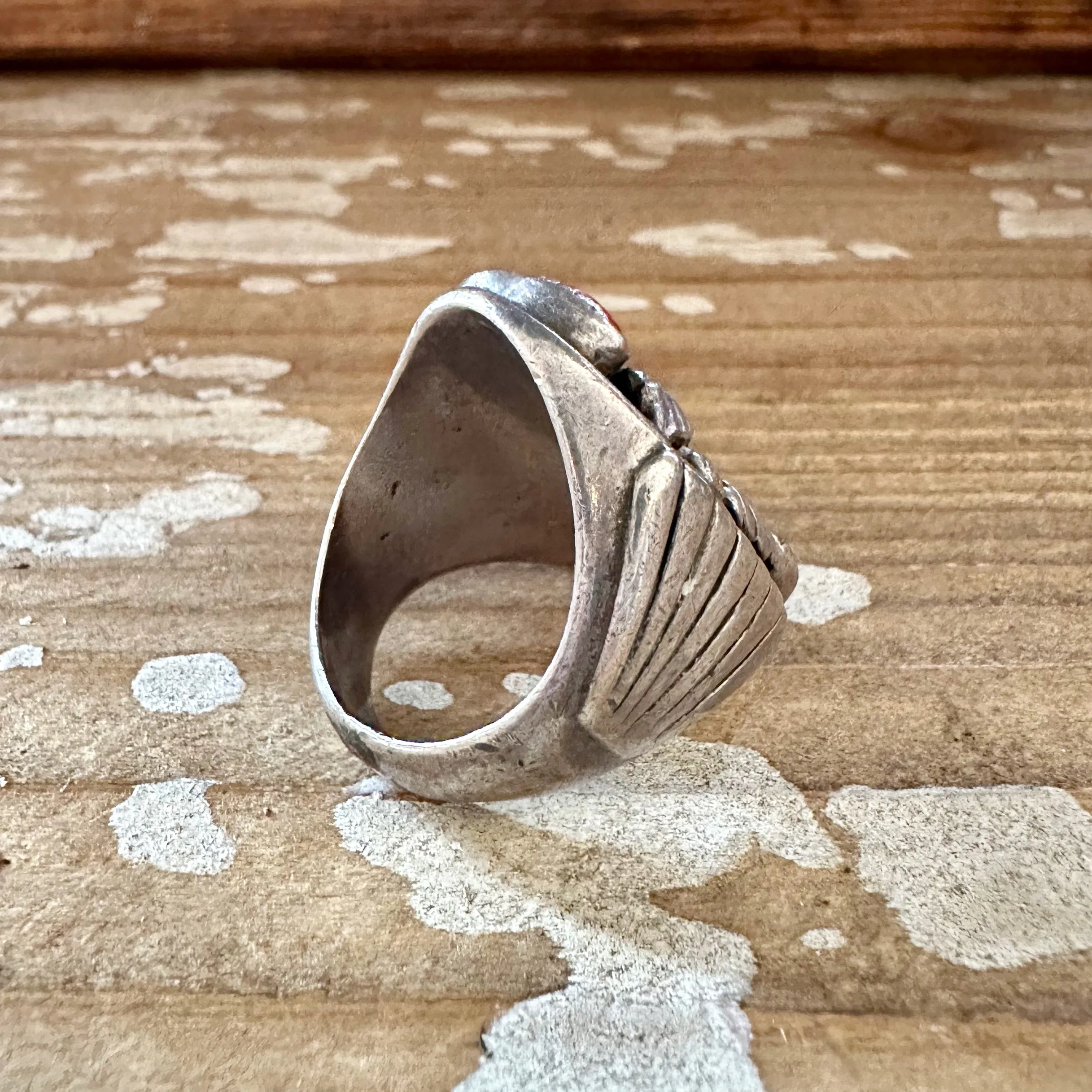NEVER LEAVES Vintage Handmade Men's Ring Sterling Silver, Turquoise, Coral • Size 10