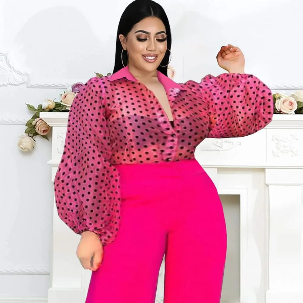 ONTINVA Women's Button Down Shirt Polka Dots Sheer See Through Long Sleeve Blouse Mesh Sheer Puff Sleeves Top
