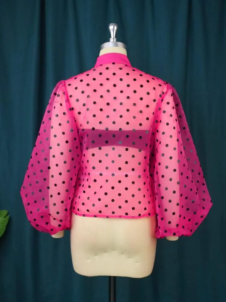 ONTINVA Women's Button Down Shirt Polka Dots Sheer See Through Long Sleeve Blouse Mesh Sheer Puff Sleeves Top