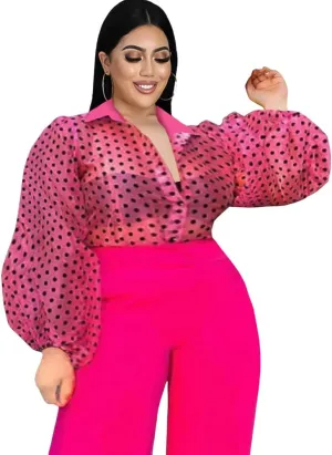 ONTINVA Women's Button Down Shirt Polka Dots Sheer See Through Long Sleeve Blouse Mesh Sheer Puff Sleeves Top