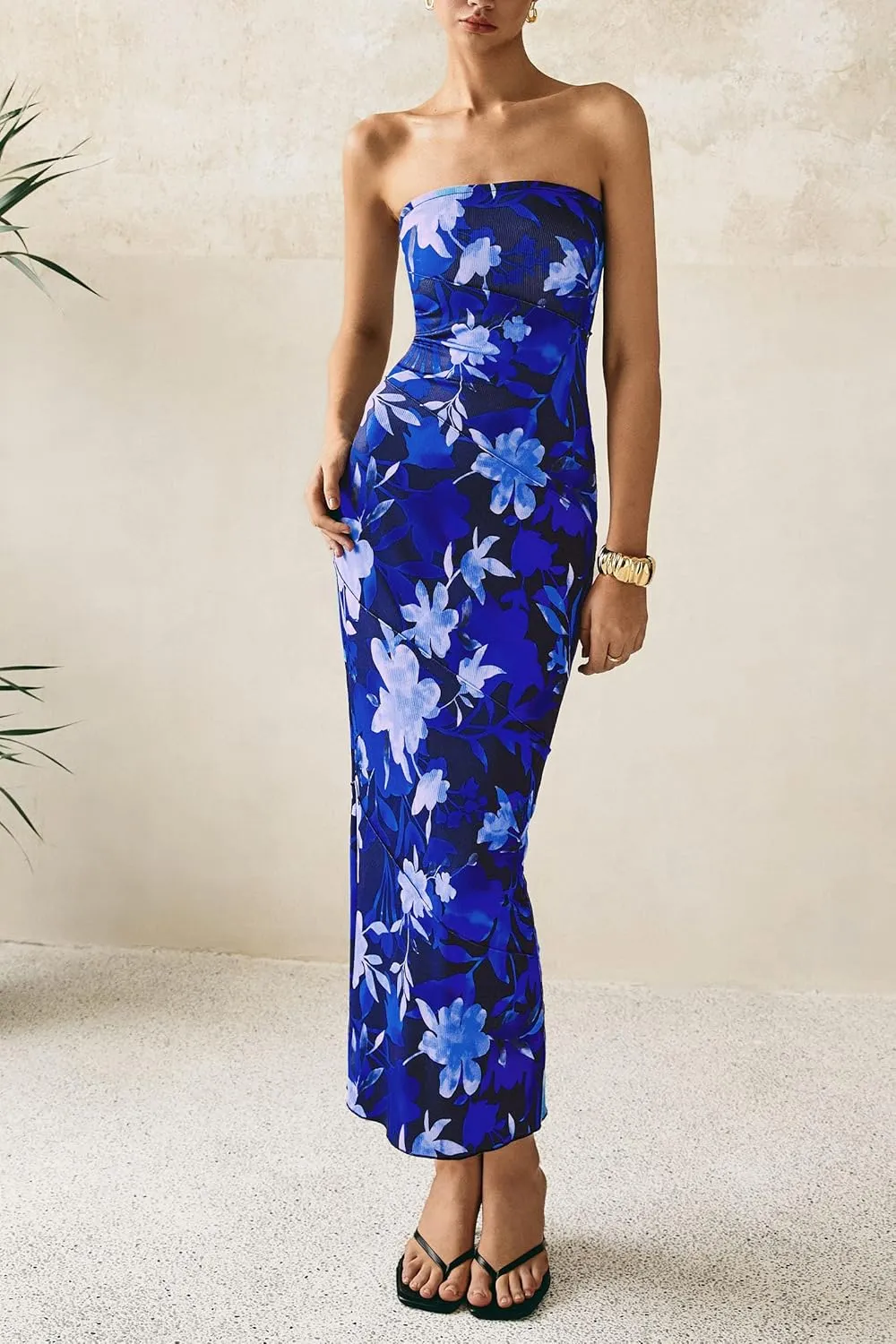 PRETTYGARDEN Women's 2025 Summer Floral Bodycon Maxi Dresses Ribbed Strapless Tube Casual Boho Party Long Dress