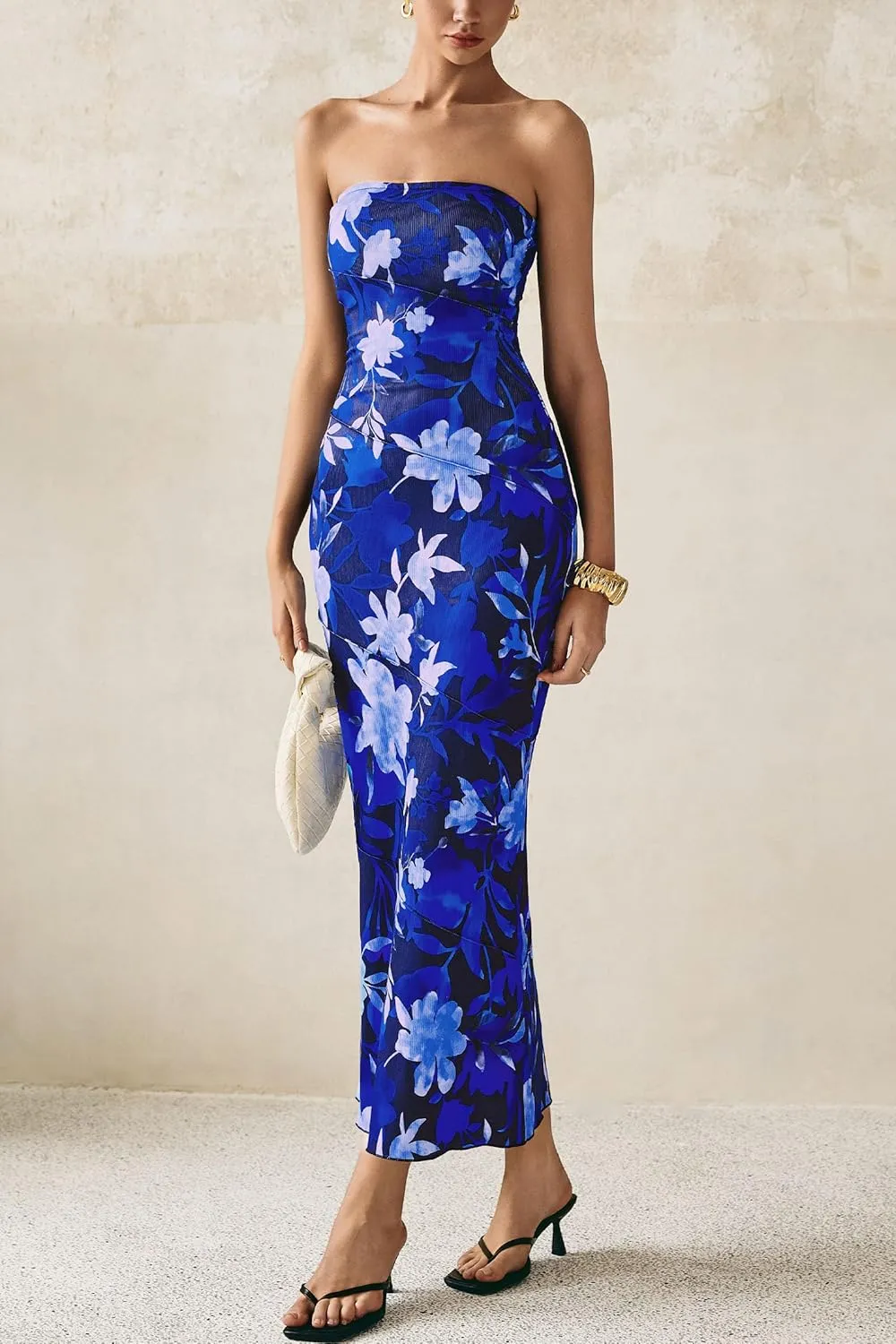PRETTYGARDEN Women's 2025 Summer Floral Bodycon Maxi Dresses Ribbed Strapless Tube Casual Boho Party Long Dress