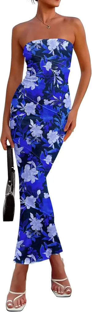 PRETTYGARDEN Women's 2025 Summer Floral Bodycon Maxi Dresses Ribbed Strapless Tube Casual Boho Party Long Dress