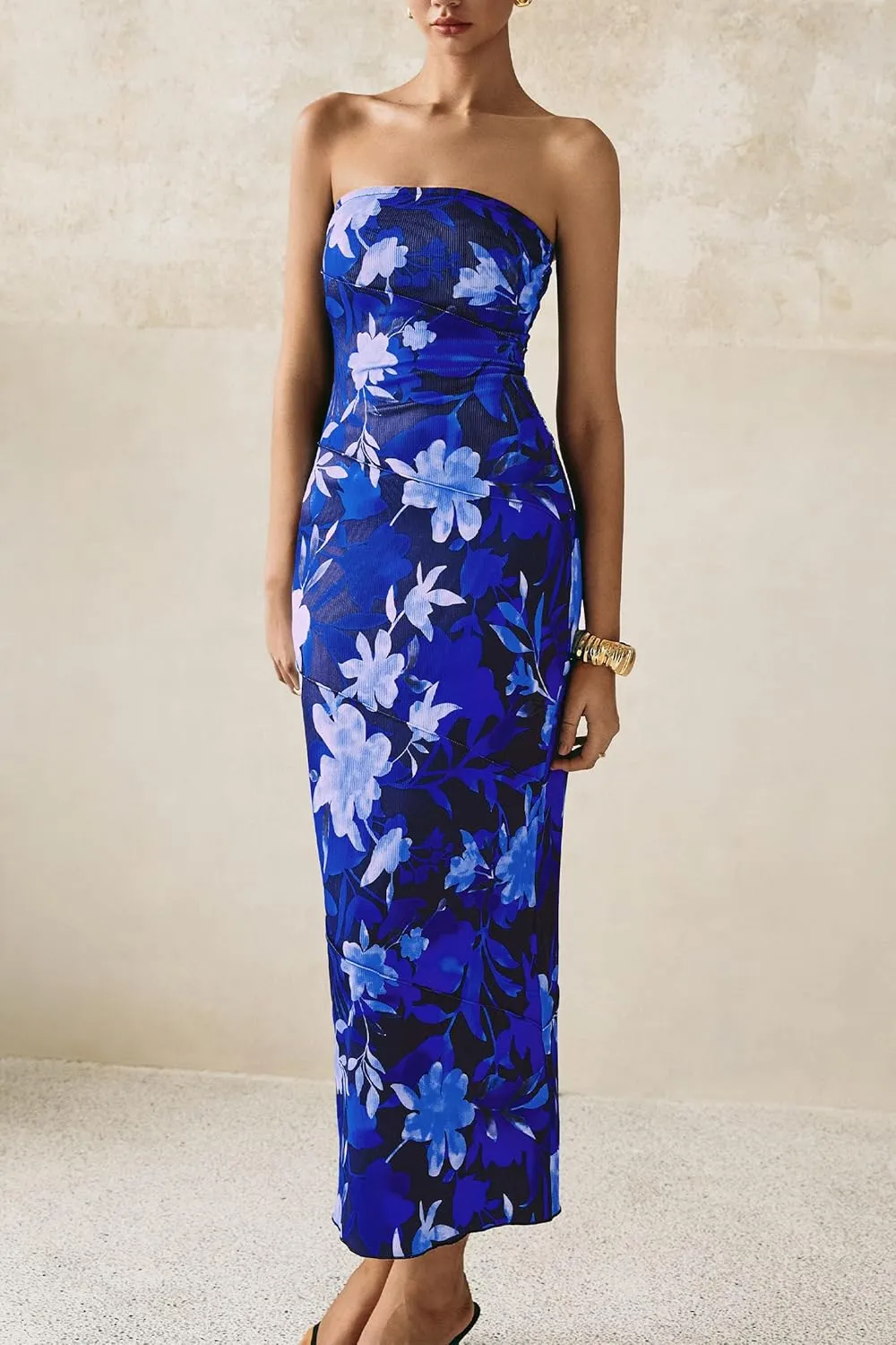 PRETTYGARDEN Women's 2025 Summer Floral Bodycon Maxi Dresses Ribbed Strapless Tube Casual Boho Party Long Dress