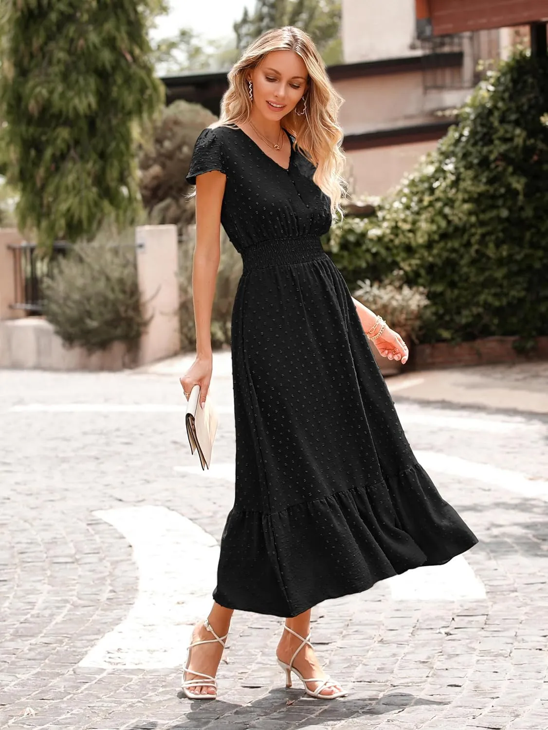 PRETTYGARDEN Womens Dresses 2025 Summer Maxi Dress Boho Short Sleeve V Neck Swiss Dot Ruffle Tiered Smocked Flowy Long Dress