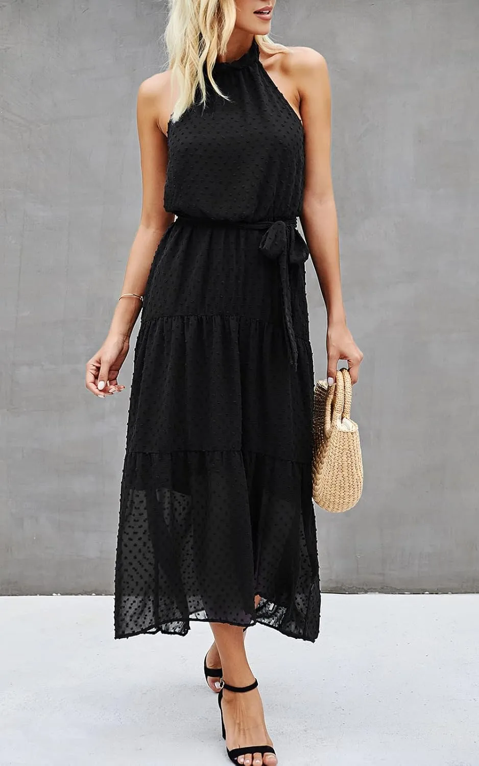 PRETTYGARDEN Womens Halter Neck Floral Long Maxi Dress Casual Sleeveless Backless Dresses Loose Ruffle Sundress with Belt