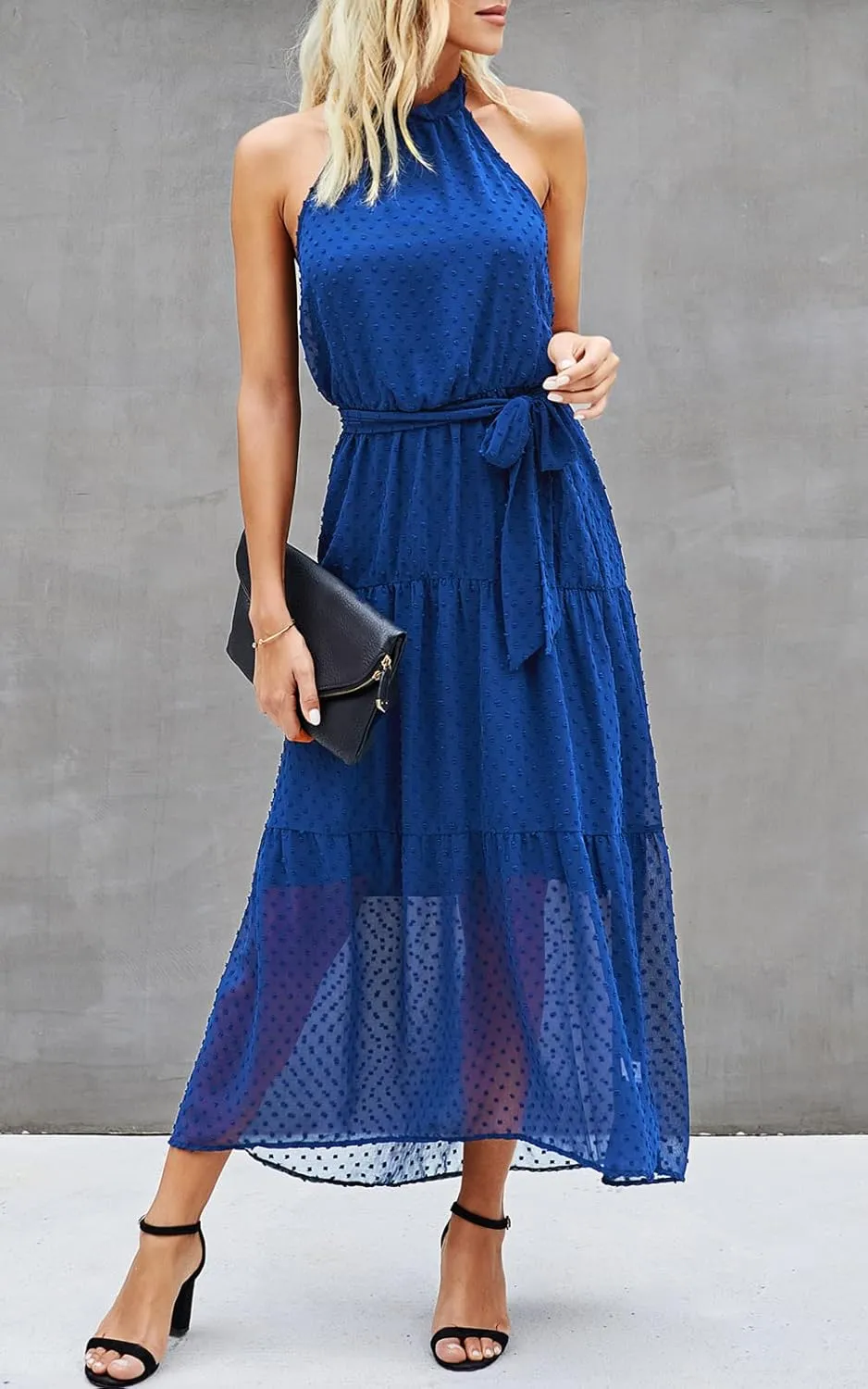 PRETTYGARDEN Womens Halter Neck Floral Long Maxi Dress Casual Sleeveless Backless Dresses Loose Ruffle Sundress with Belt
