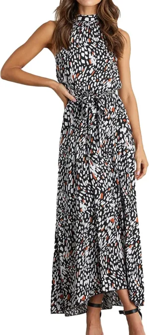 PRETTYGARDEN Womens Halter Neck Floral Long Maxi Dress Casual Sleeveless Backless Dresses Loose Ruffle Sundress with Belt