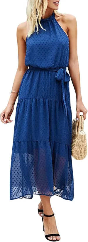 PRETTYGARDEN Womens Halter Neck Floral Long Maxi Dress Casual Sleeveless Backless Dresses Loose Ruffle Sundress with Belt