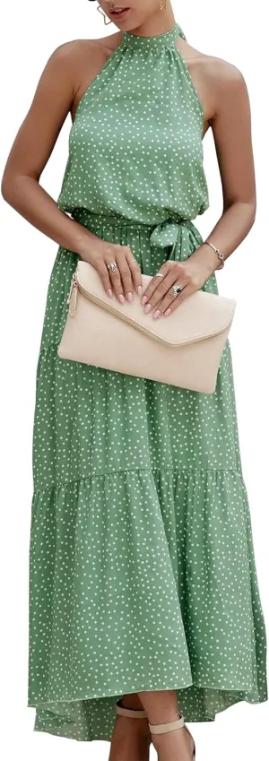 PRETTYGARDEN Womens Halter Neck Floral Long Maxi Dress Casual Sleeveless Backless Dresses Loose Ruffle Sundress with Belt