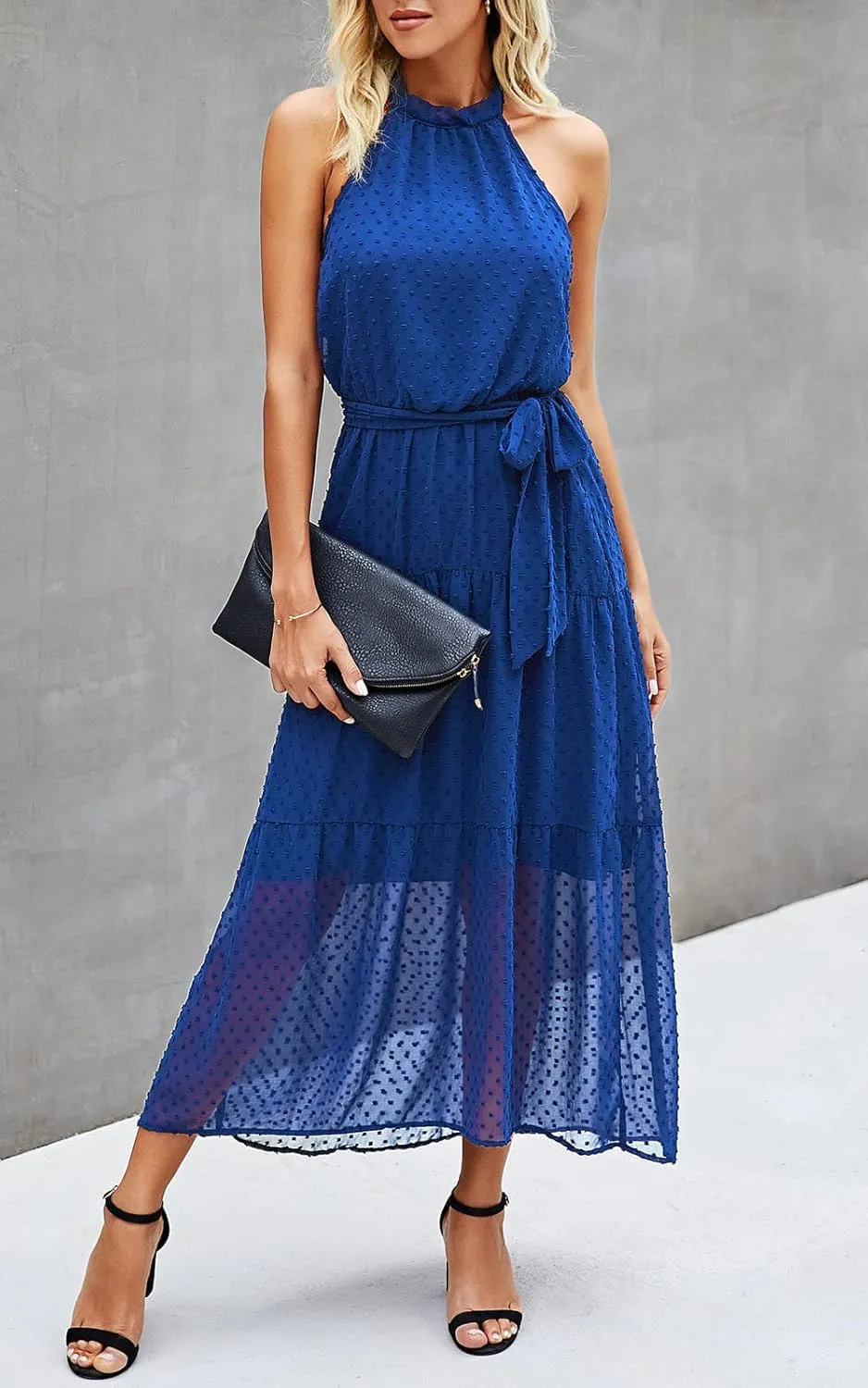 PRETTYGARDEN Womens Halter Neck Floral Long Maxi Dress Casual Sleeveless Backless Dresses Loose Ruffle Sundress with Belt