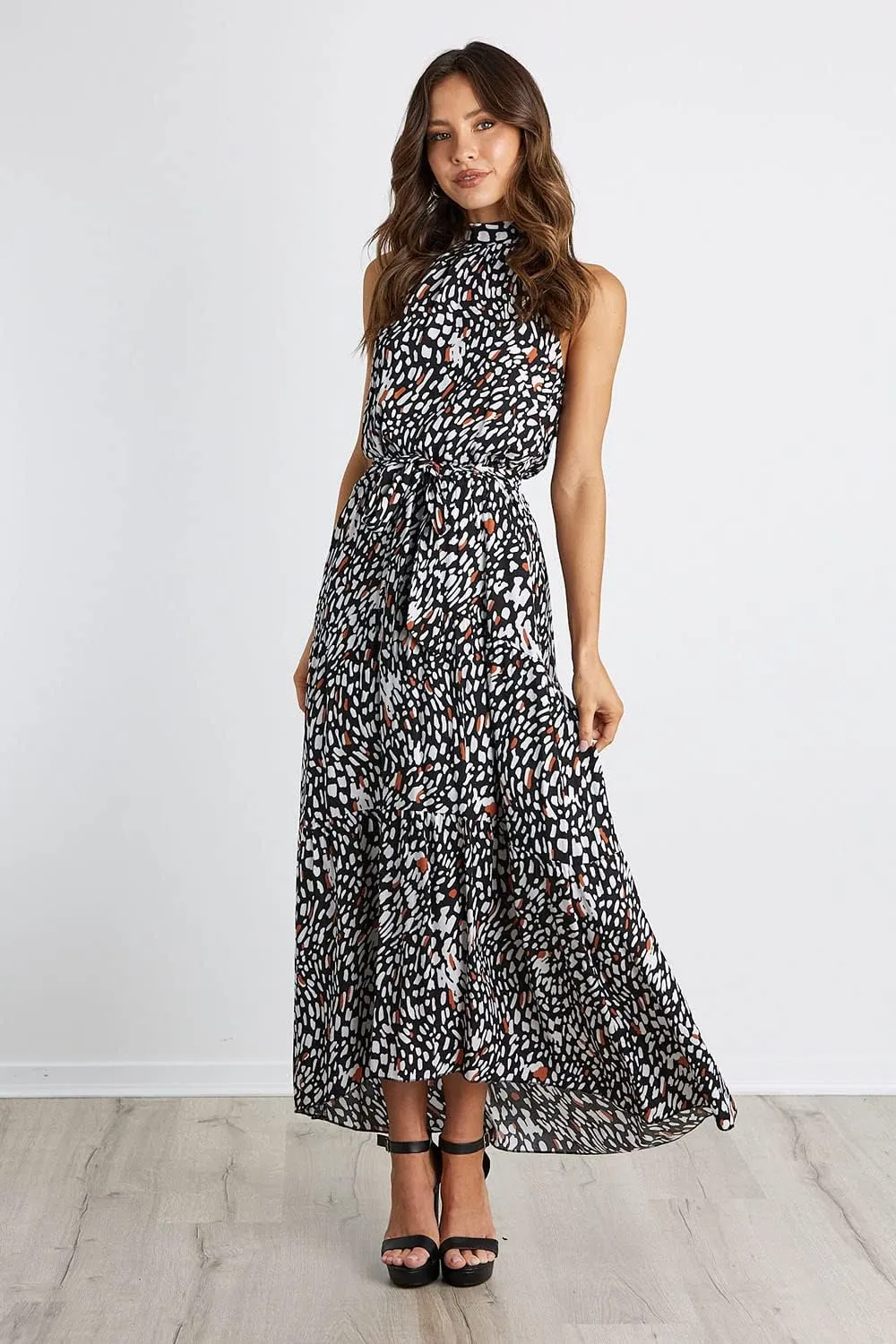 PRETTYGARDEN Womens Halter Neck Floral Long Maxi Dress Casual Sleeveless Backless Dresses Loose Ruffle Sundress with Belt