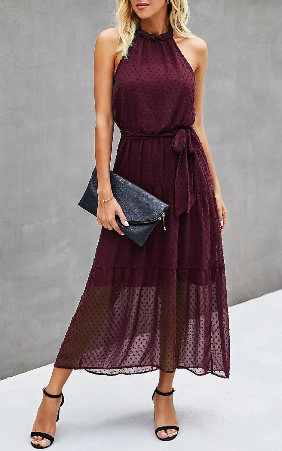PRETTYGARDEN Womens Halter Neck Floral Long Maxi Dress Casual Sleeveless Backless Dresses Loose Ruffle Sundress with Belt
