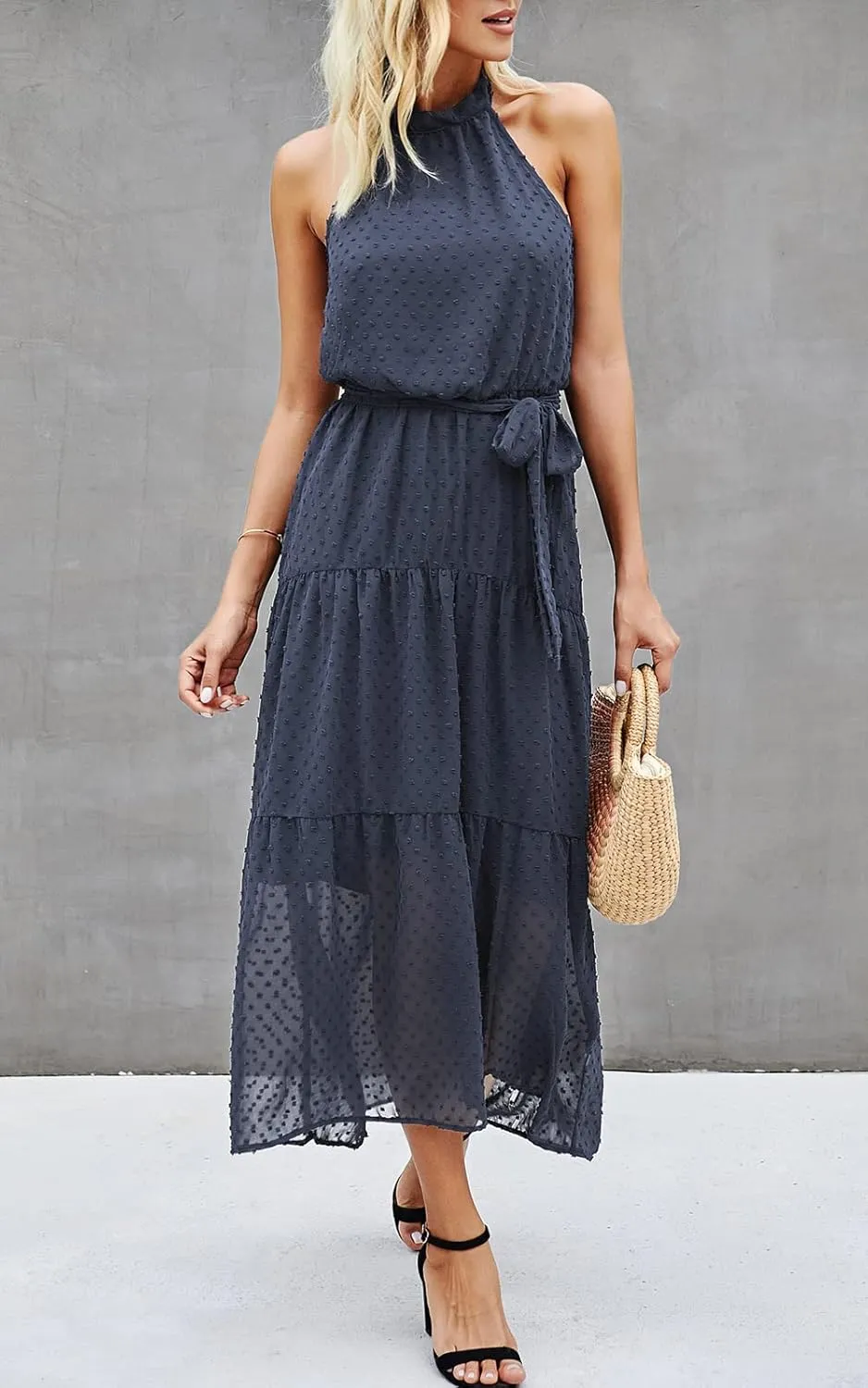 PRETTYGARDEN Womens Halter Neck Floral Long Maxi Dress Casual Sleeveless Backless Dresses Loose Ruffle Sundress with Belt