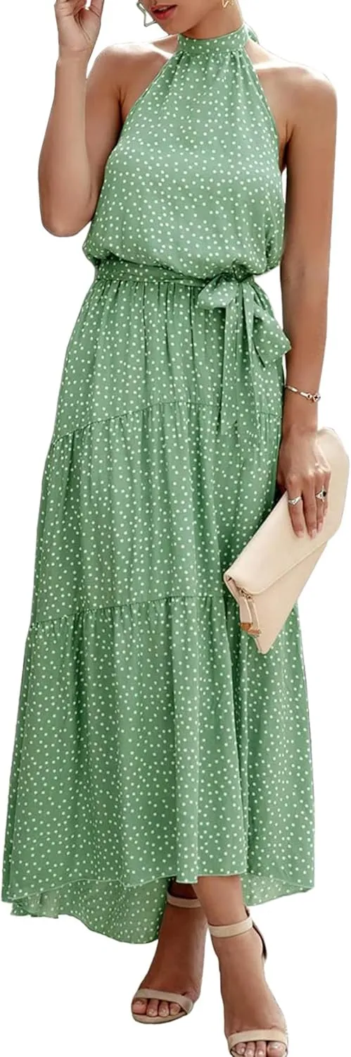 PRETTYGARDEN Womens Halter Neck Floral Long Maxi Dress Casual Sleeveless Backless Dresses Loose Ruffle Sundress with Belt