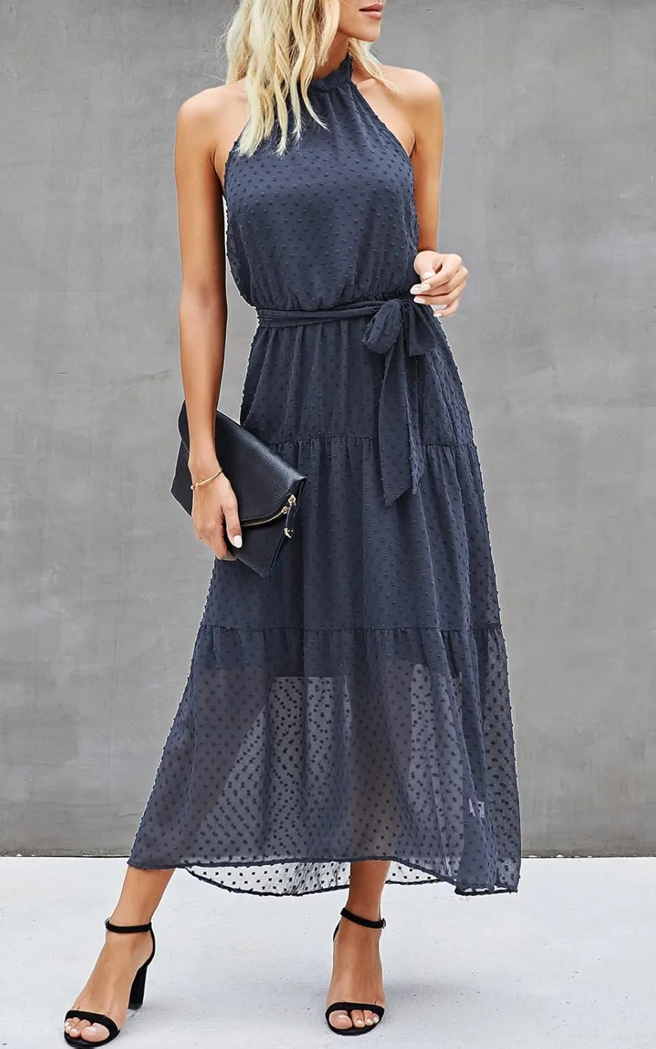 PRETTYGARDEN Womens Halter Neck Floral Long Maxi Dress Casual Sleeveless Backless Dresses Loose Ruffle Sundress with Belt