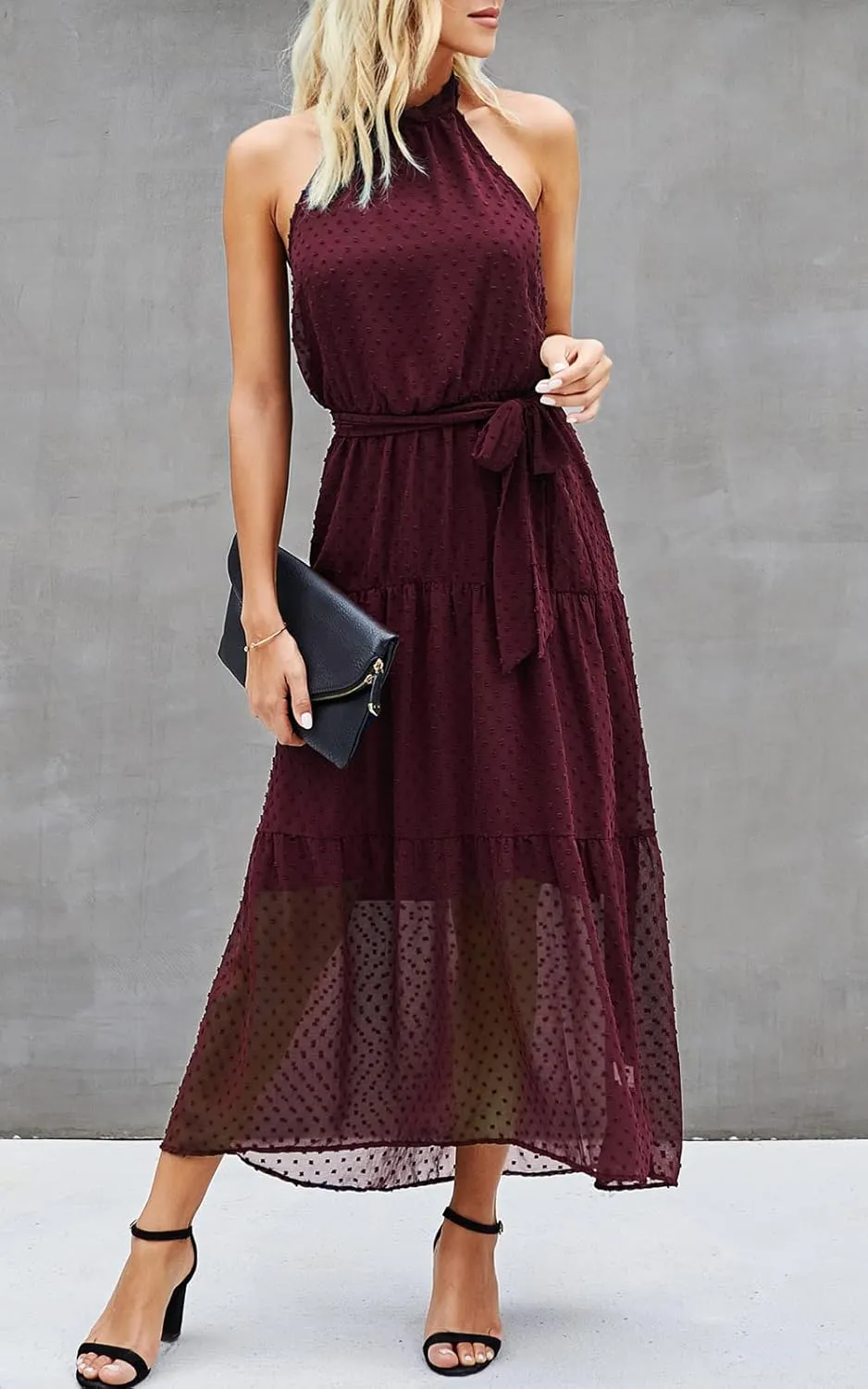 PRETTYGARDEN Womens Halter Neck Floral Long Maxi Dress Casual Sleeveless Backless Dresses Loose Ruffle Sundress with Belt