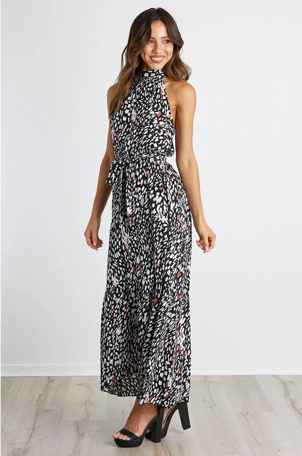 PRETTYGARDEN Womens Halter Neck Floral Long Maxi Dress Casual Sleeveless Backless Dresses Loose Ruffle Sundress with Belt