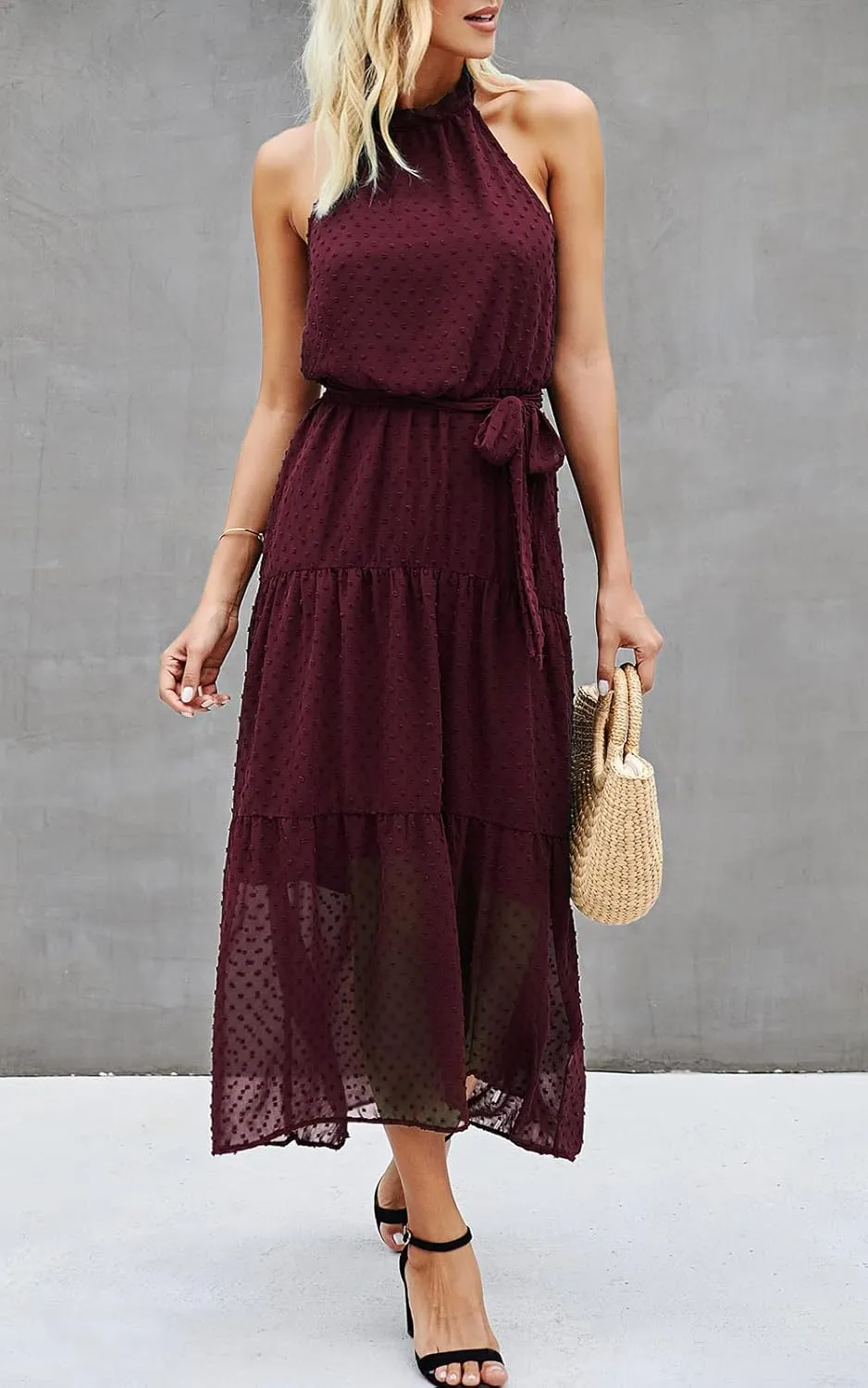PRETTYGARDEN Womens Halter Neck Floral Long Maxi Dress Casual Sleeveless Backless Dresses Loose Ruffle Sundress with Belt