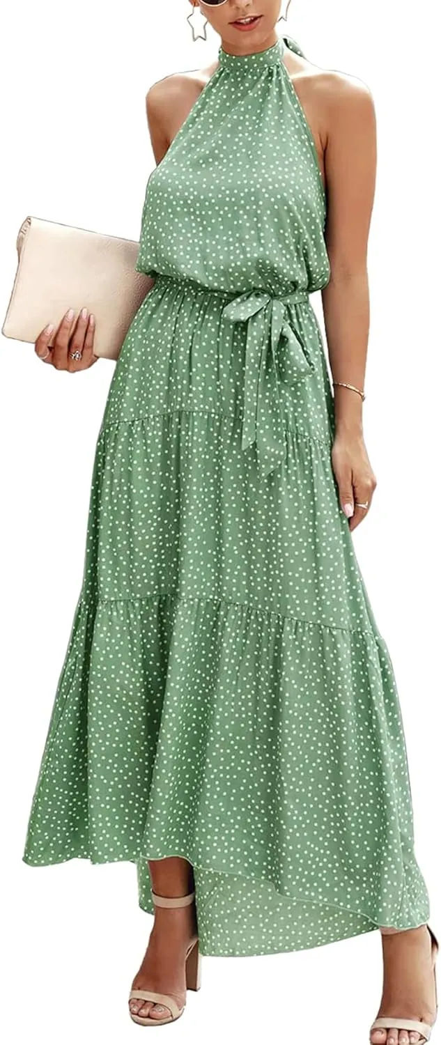 PRETTYGARDEN Womens Halter Neck Floral Long Maxi Dress Casual Sleeveless Backless Dresses Loose Ruffle Sundress with Belt