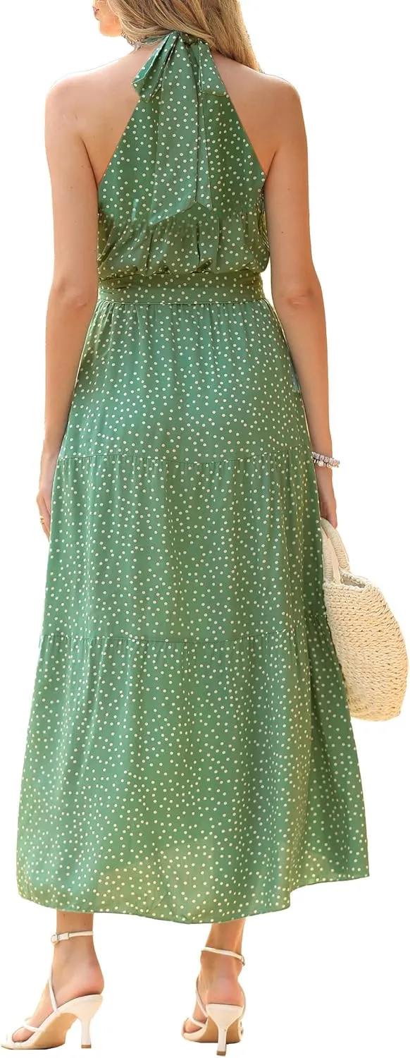 PRETTYGARDEN Womens Halter Neck Floral Long Maxi Dress Casual Sleeveless Backless Dresses Loose Ruffle Sundress with Belt