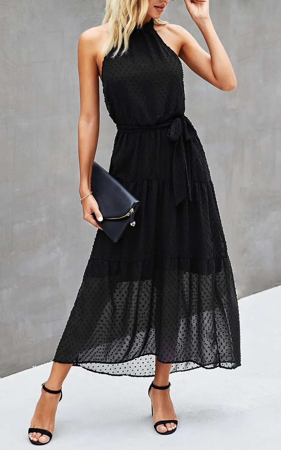 PRETTYGARDEN Womens Halter Neck Floral Long Maxi Dress Casual Sleeveless Backless Dresses Loose Ruffle Sundress with Belt